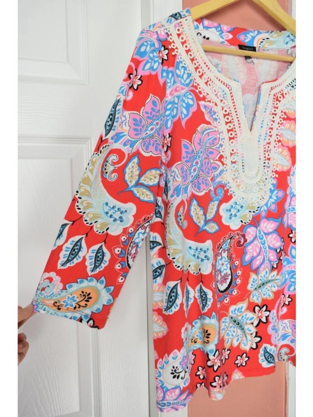 TALBOTS PIMA COTTON BLEND RED PAISLEY FLORAL PRINT CROCHET TUNIC TOP - Picture 5 of 10